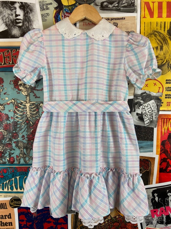 Vintage Girls Kids 70s-80s Pastel Plaid Peter Pan… - image 10