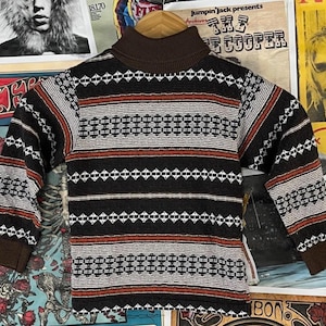 Vintage Kids Boys 60s-70s Brown Striped Donmoor Pullover Turtleneck Sweater Top Size 6 Ages 5-6 Retro Groovy Mod Fall Back to School Shirt