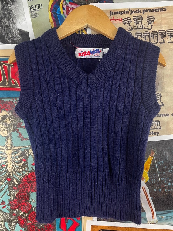 Vintage Toddler Kids 80s Navy Blue Knit V-Neck Sl… - image 5