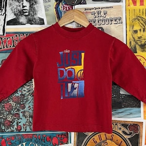 Vintage Toddler Kids 90s Y2Ks Red Long Sleeve Nike Just Do It Logo Sportswear Graphic Crewneck T-Shirt Boys Girl 4T Cotton Athletic Tee Top