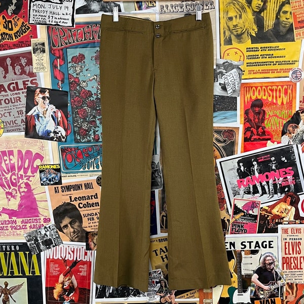 Vintage 60s Olive Moss Green Low Rise Flares Trousers 29x28, 60s Green Pants 29" Waist, Deadstock Vintage Clothing, 60s Mod Menswear Slacks