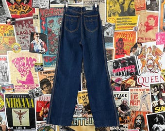 Calça jeans feminina vintage estilo Brittania, cintura alta, reta, perna larga, 24x33, retrô, 24", cintura alta, bordada, hippie, EUA, índigo