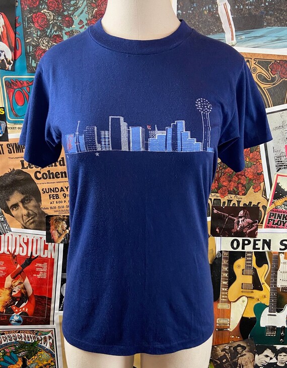 Vintage 70s-80s Blue Dallas Texas City Skyline Ha… - image 9