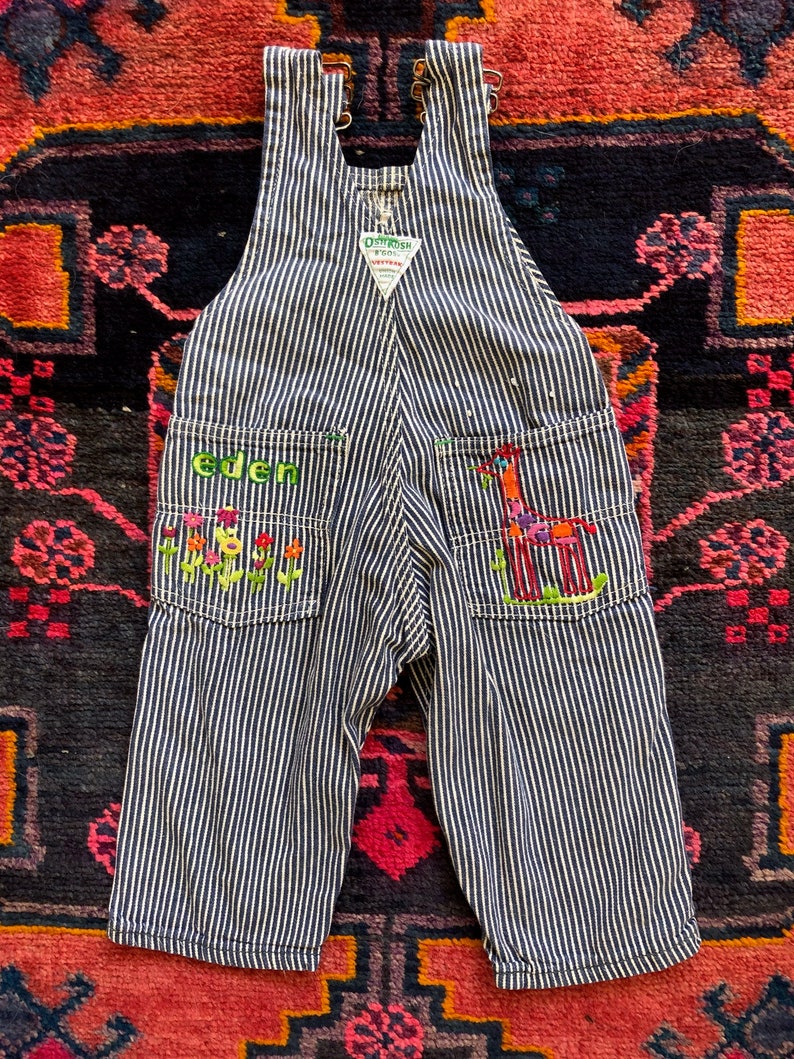 Adorable Vintage 198090s OshKosh B\u2019Gosh Embroidered Blue and White Hickory Striped Painter Overalls