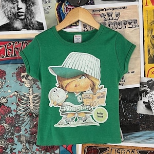 Camiseta de manga corta para niñas, estilo retro de los años 70, con estampado de softbol verde, dibujos animados, para planchar, talla 5/6, para niños de 5 a 6 años.