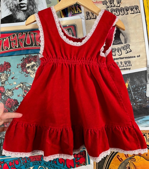 Vintage Toddler Girls Kids 70s Red Velour Corduro… - image 7