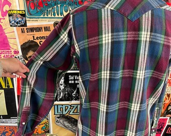Chemise de cowboy à carreaux vintage des années 90 avec bouton pression perlé, style occidental. XLT - France