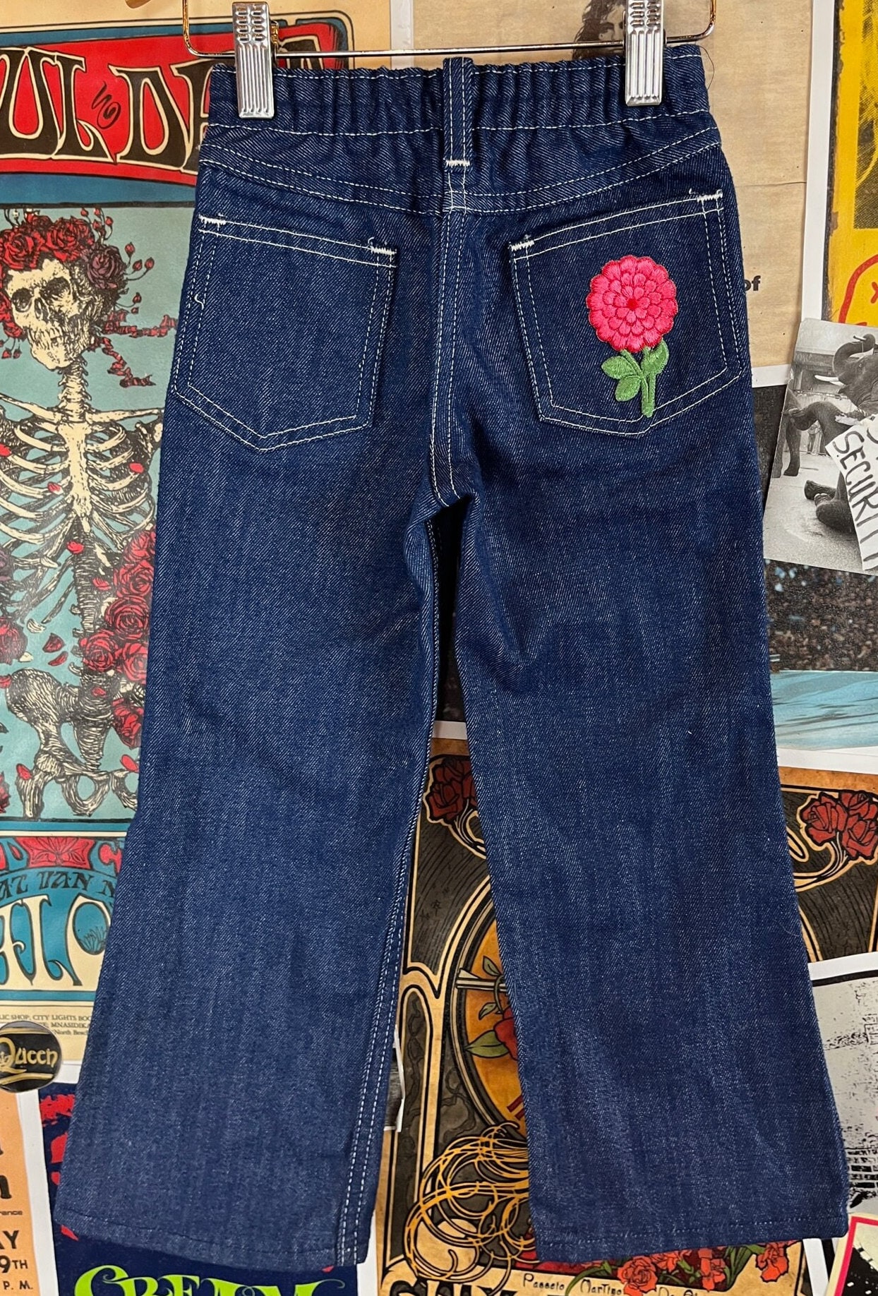 ヴィンテージ 幼児 女の子 子供用 70年代 ダークブルー デニム 刺繍 