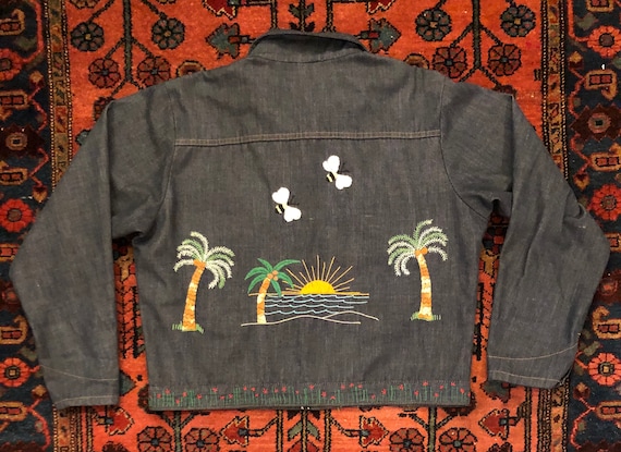 Vintage 70s Men's "Tropical" Embroidered Denim Jac