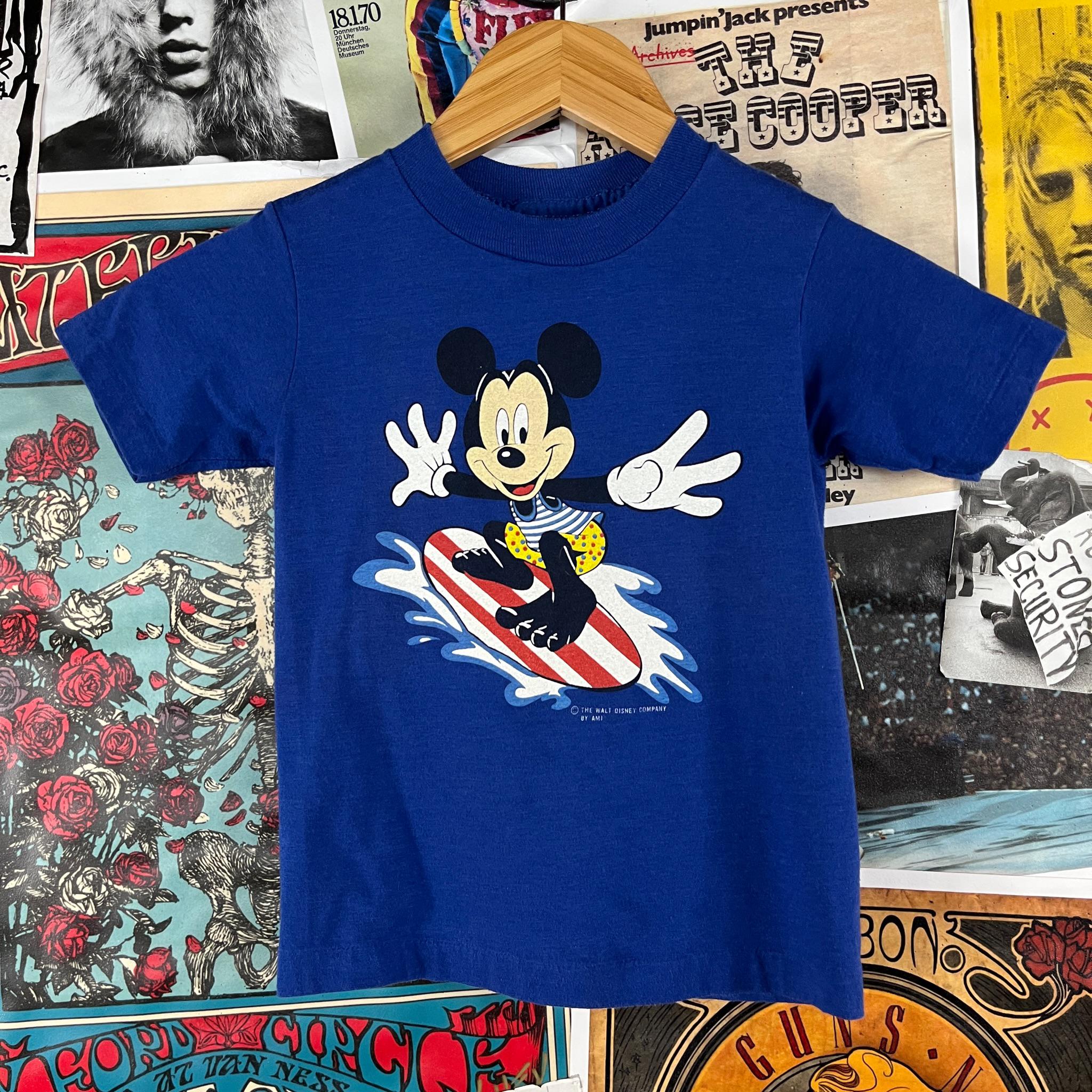 Vintage Kids 90s Blue Walt Disney Mickey Mouse Surfing Cartoon