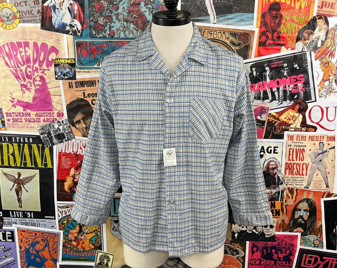 Vintage Men's 70s Sears Blue Yellow Plaid Long Sleeve Button up