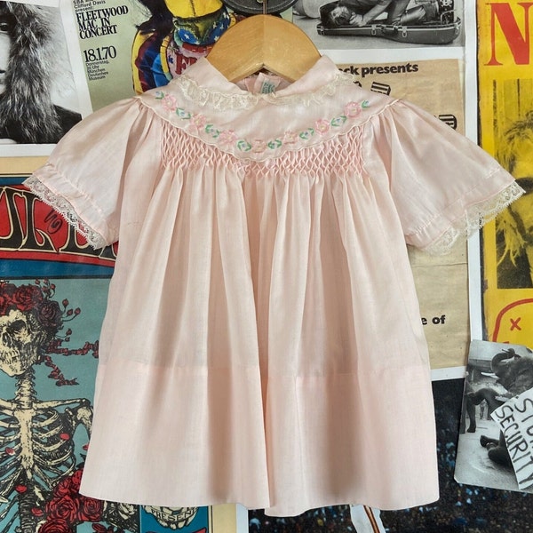 Vintage Kids Baby Girls 70s-80s Light Pink Smocked Floral Lace Collared Short Sleeve Tie Dress 0-3 Months, Baby Spring Easter Sunday Best