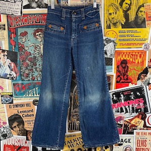 Vintage Mädchen Kinder 70er Jahre Faded Blue Denim Jean Schlaghose Größe 42 Slim Alter 9-10 Western Cowgirl Rockabilly Hippie Hose American Retro