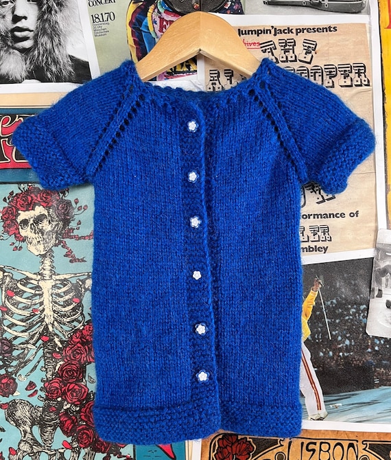 Vintage Baby Kids Girls 60s-70s Blue Hand Knit Fl… - image 6