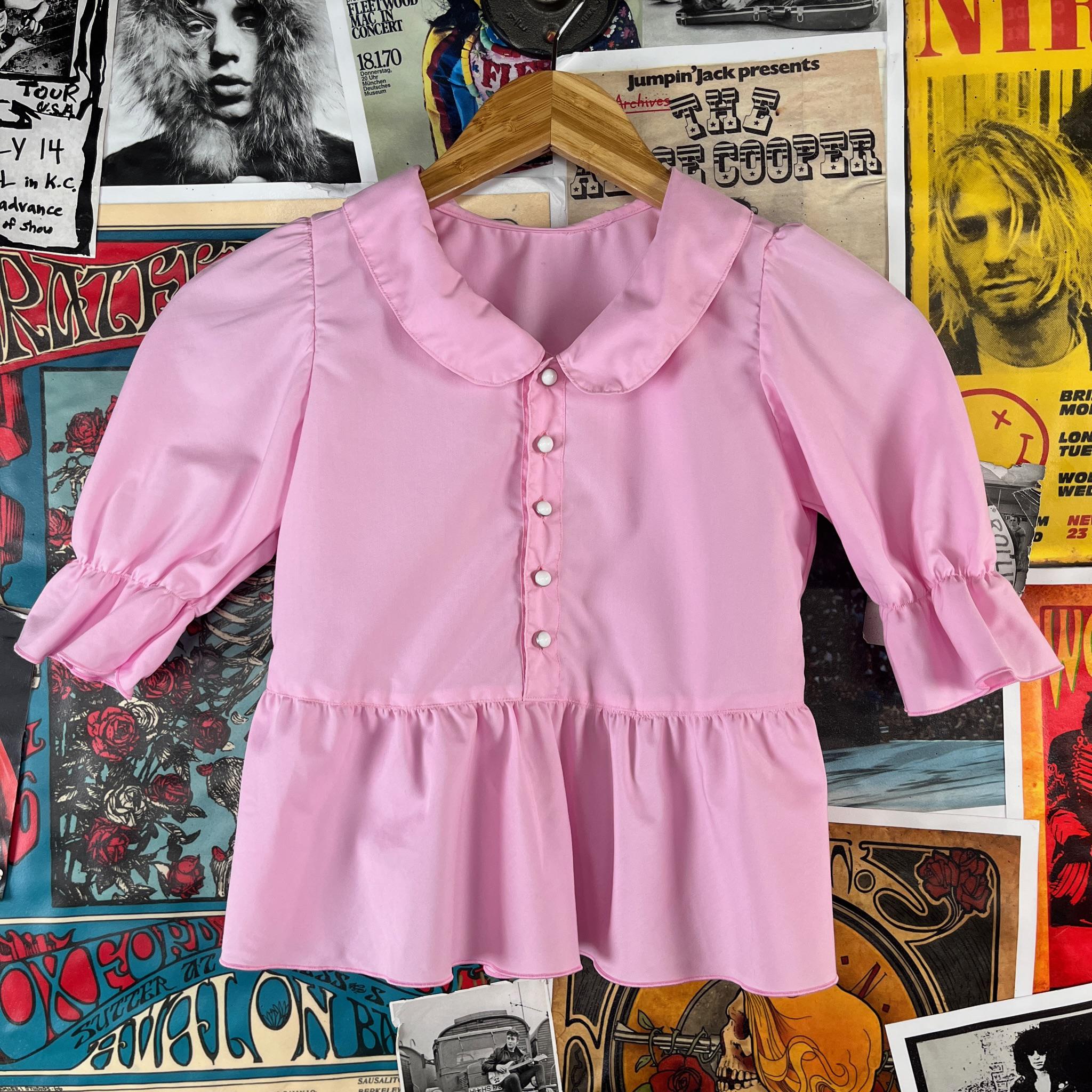 Vintage Girls 1980s Light Pastel Pink Collared Half Sleeve Peplum