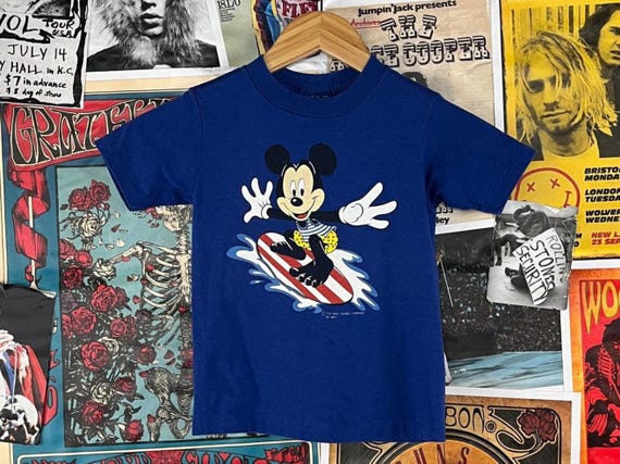 Vintage Kids 90s Blue Walt Disney Mickey Mouse Surfing Cartoon
