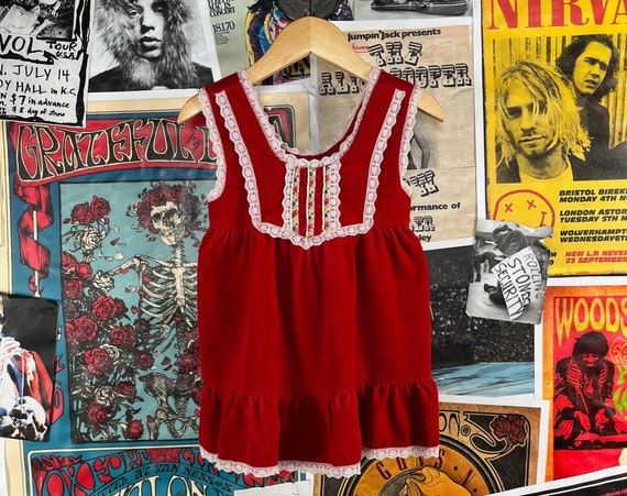 Vintage Toddler Girls Kids 70s Red Velour Corduro… - image 1