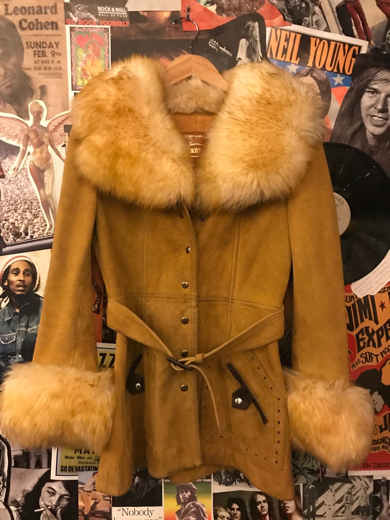 Vintage Women/'s 1970s Suede The Tannery Fur Lined Belted Penny Lane Jacket