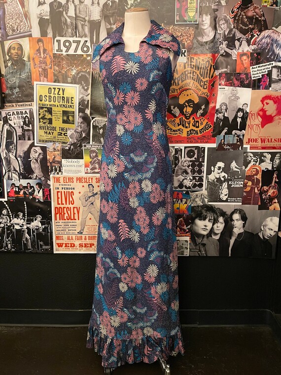 Vintage 1960/70s Purple Floral Print Glitter Lurex
