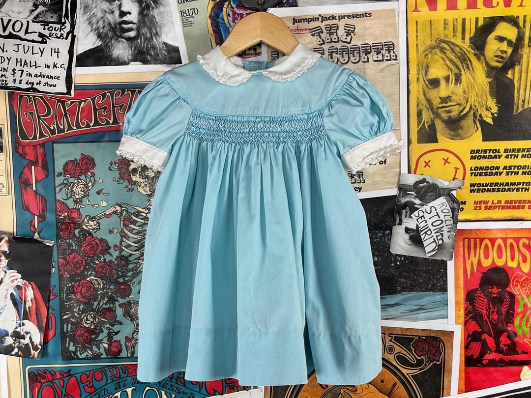 Vintage Toddler Girls Kids 70s Blue White Polly Flinders Hand