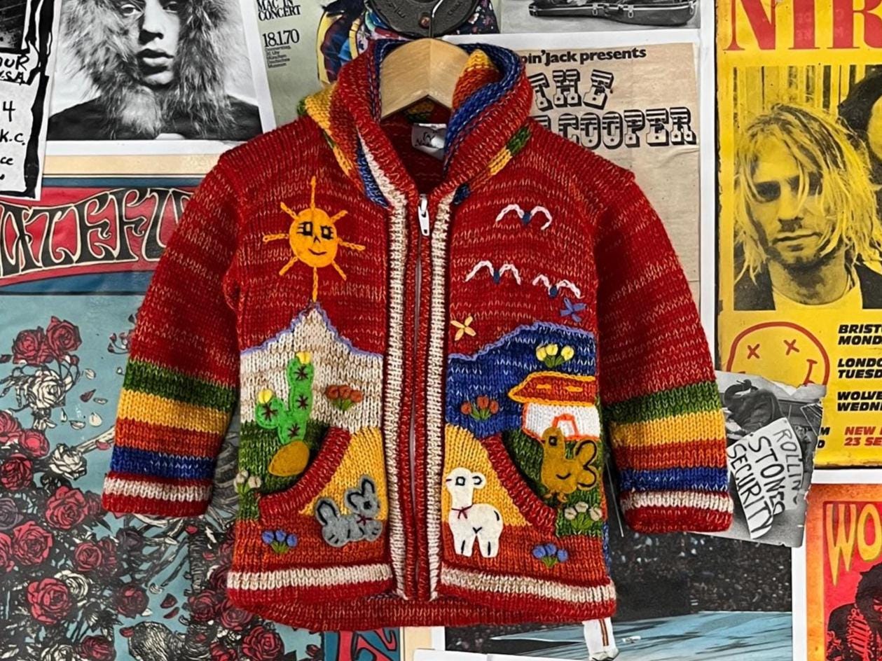 【archive】90s multicolored knit cardigan Colorful Black Knit Cardigan VTG 90s Concrete Knit Sweater