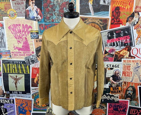 70s Mens Vintage Tan Suede Leather Yoke Snap Button up Western