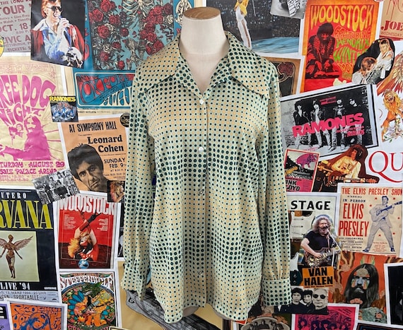 Vintage Women's 60s-70s Green & Tan Mod Polka Dot… - image 1