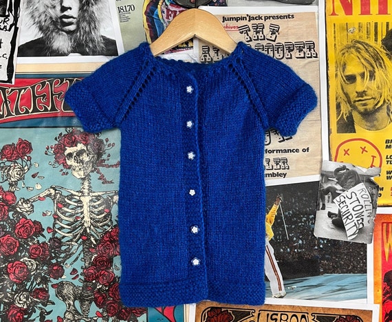 Vintage Baby Kids Girls 60s-70s Blue Hand Knit Fl… - image 1