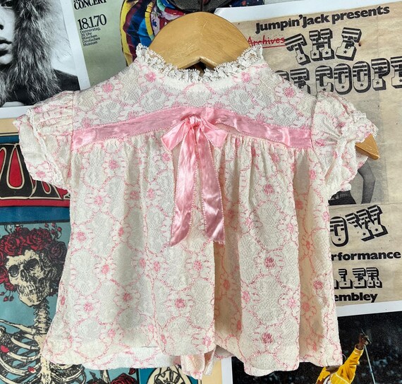 Vintage Baby Girls Kids 60s-70s Ivory Cream Pink Lace Ribbon 