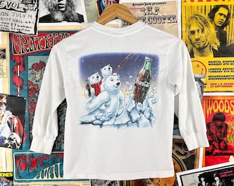 Vintage Kinder 90s-Y2Ks Weiß Coca Cola Eisbär Promo Langarm Grafik Rundhals T-Shirt Größe 6-8, 90er Jahre Jungen Mädchen Coke T-Shirt Top