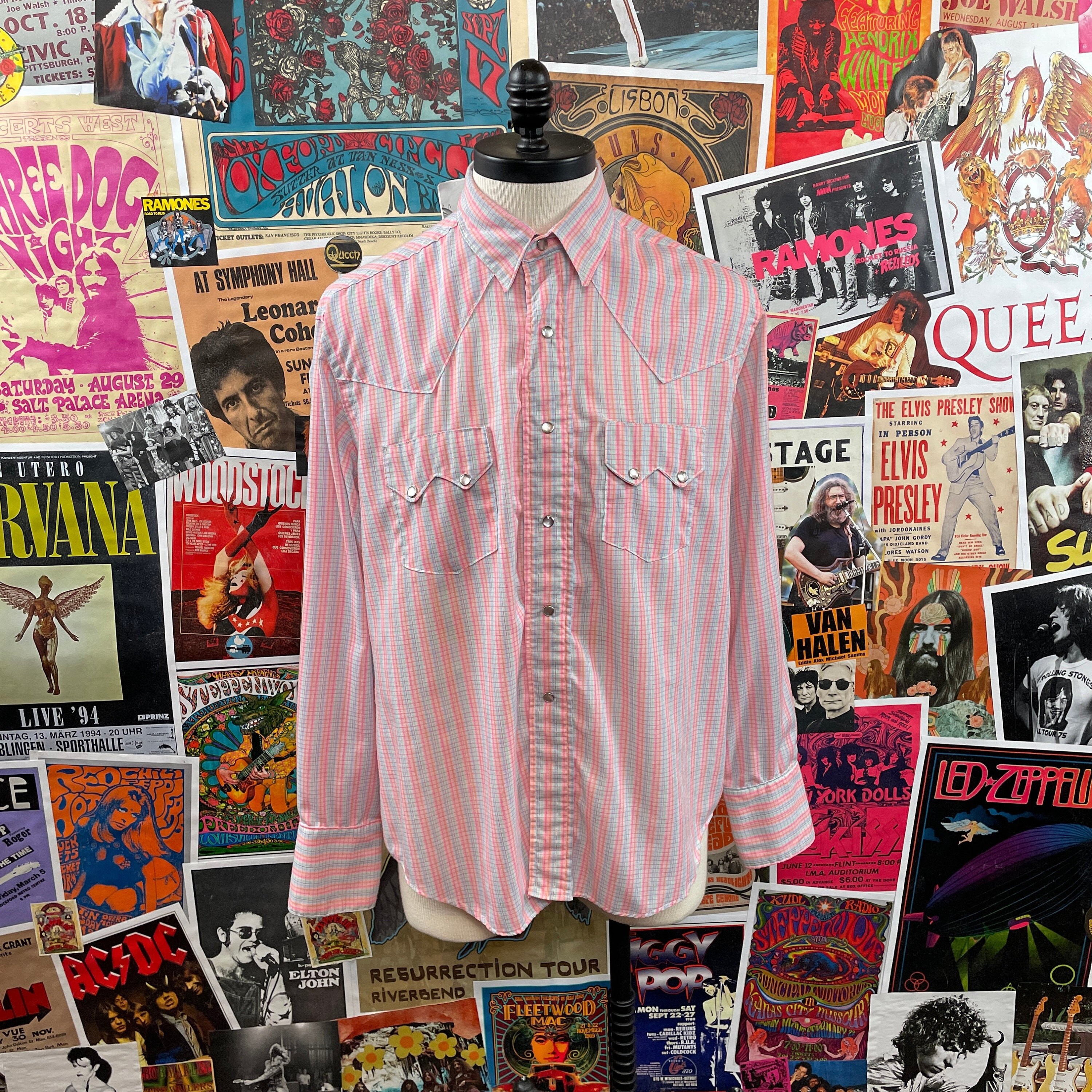 Kleding Herenkleding Overhemden & T-shirts Oxfords & Buttondowns size L vintage 1980s Panhandle Slim brand FADED PINK men's red thread cowboy western wear mother or pearl SNAP button shirt 