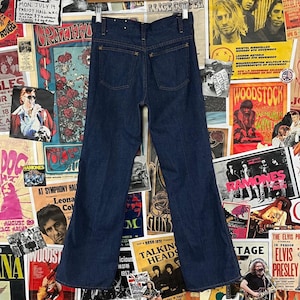 Jeans vintage per bambini anni &#39;70-&#39;80, lavaggio scuro indaco, pantaloni in denim bootcut, taglia 14, età 10-11 anni, stile retrò americano, ragazzi e ragazze, rockabilly, cotone USA