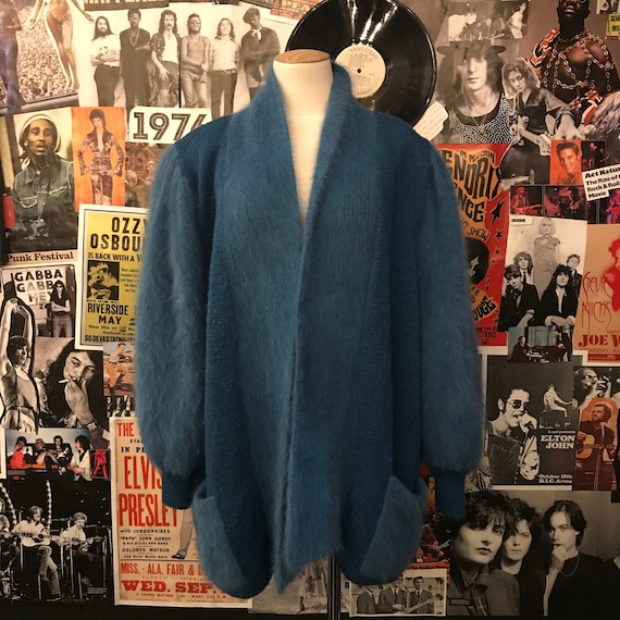 Vintage 1980s Teal Mohair + Knit Oversized Shoulde