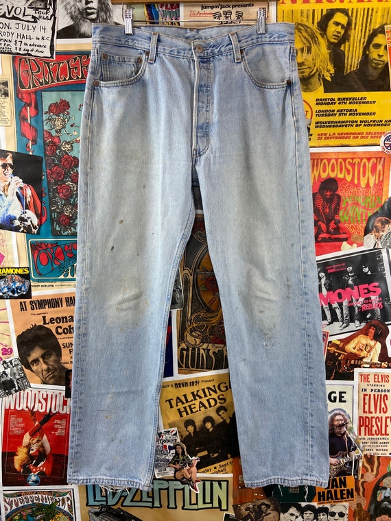 90s Vintage Light Wash Faded Stained USA Levi's 501s 35x30 Denim
