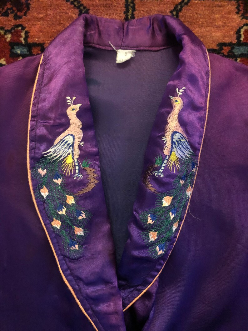 Vintage 194050s Kids/' Embroidered Peacock Rayon Loungewear Robe