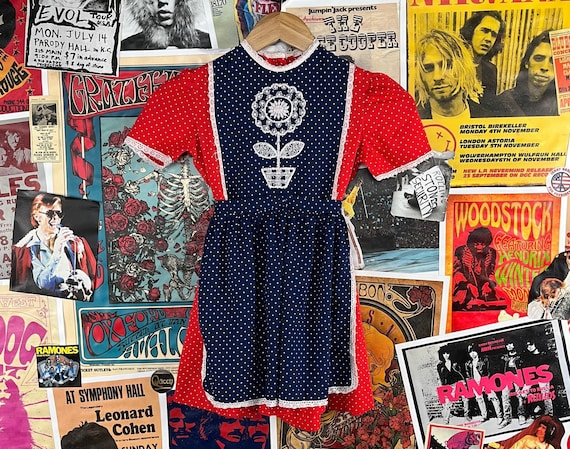 Vintage Girls Kids 60s-70s Red White & Blue Polka… - image 1