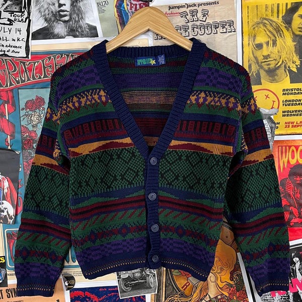 Vintage Kids Boys 90s Blue Multi-Color Striped Geometric Print Long V-Neck Apparatus Cardigan Sweater Size 12 Age 9-10 Preppy Streetwear