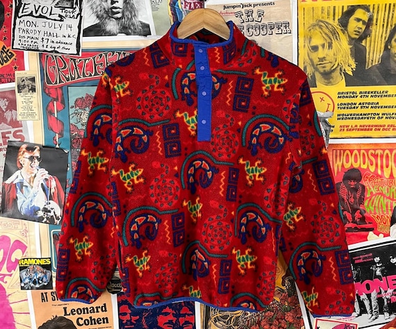 Vintage Kids 90s Red Gecko Print L.L. Bean Fleece Quarter