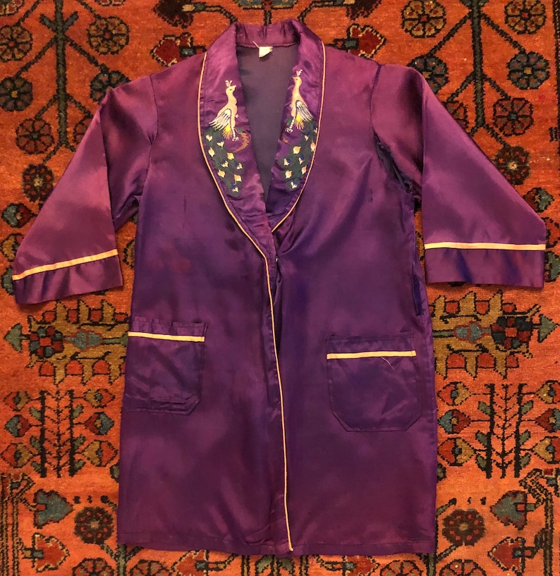 Vintage 194050s Kids/' Embroidered Peacock Rayon Loungewear Robe