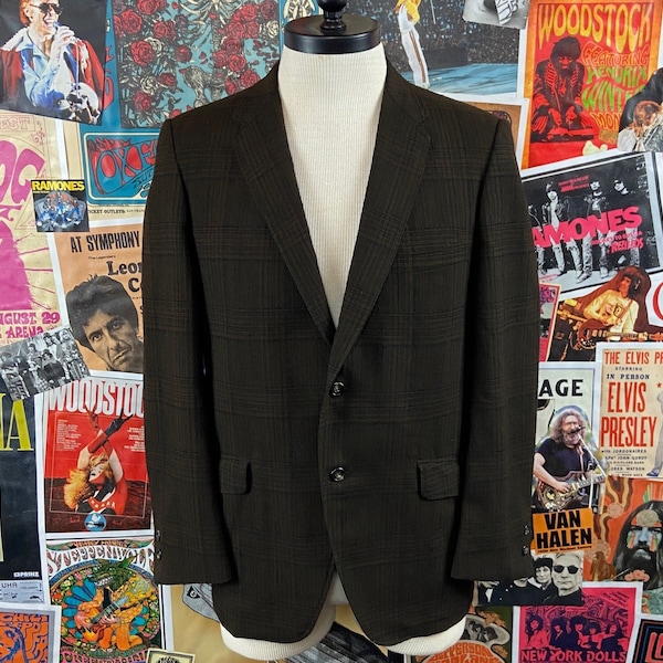 Vintage Men's 70s Brown Plaid Single Breasted Stanley Blacker Wool Sport Coat Blazer 40" Chest, Retro Mens Plaid Jacket Fall Style