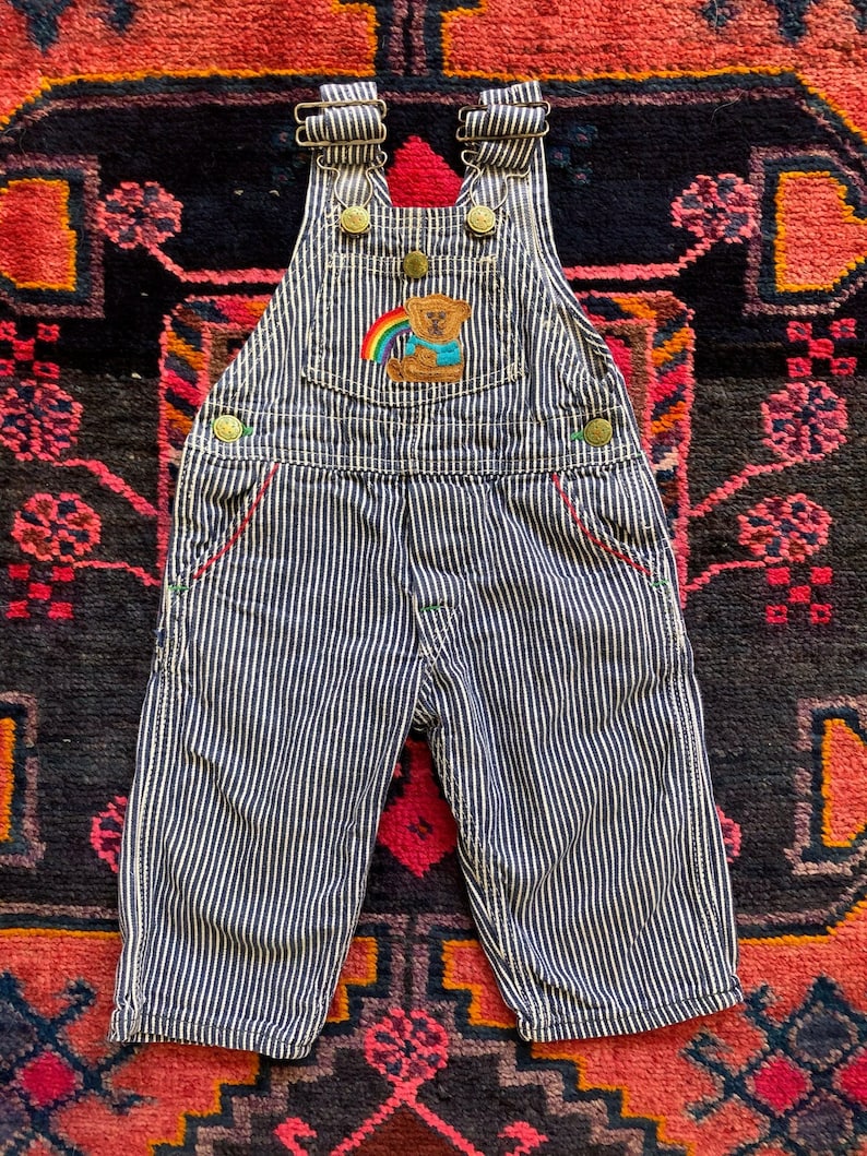 Adorable Vintage 198090s OshKosh B\u2019Gosh Embroidered Blue and White Hickory Striped Painter Overalls