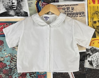 Vintage Girls Kids 1950s Plain Solid White Short Sleeve Peggy Ware Peter Pan Collar Cropped Blouse Top Size 6 Ages 5-6 Rockabilly Shirt