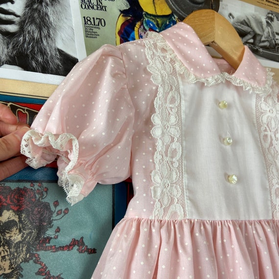 Vintage Toddler Girls Kids 80s Pink & White Lace … - image 3