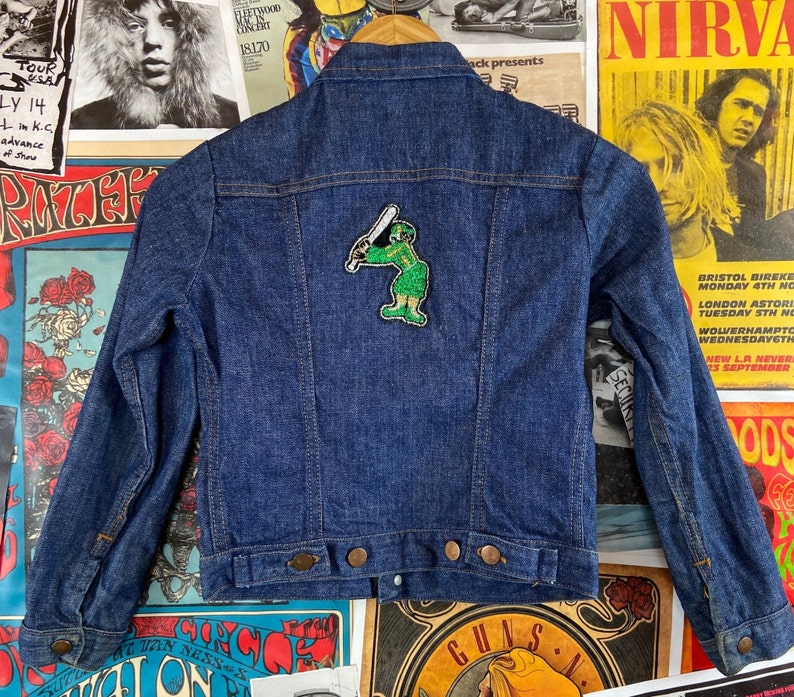 Vintage Kids 70s Redline Wrangler Embroidered Bell Baseball Player Patch Indigo Blue Denim Jean Trucker Jacket Size 10, 70s Boys Girls Coat image 7