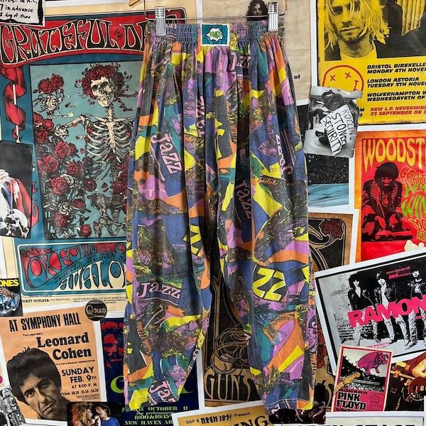 Vintage Kids 80s-90s Neon Jazz Print MC Hammer Pants Age 8-9, 90s Muscle Beach Boys Pants Elastic Waist, 90s Kids Joggers All Over Print