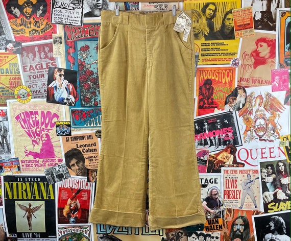 Vintage Retro Men's 70s Khaki Gold Velour Harris Slacks Flared Pants 35x30,  Groovy Menswear Disco Pants Deadstock Clothing, 34-36 Waist 