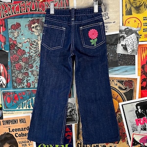 Vintage Toddler Girls Kids 70s Dark Blue Denim Embroidered Flower Jean Flares Size 5 Slim Age 4-5 Retro Hippie Pants Embroidery Flower Power