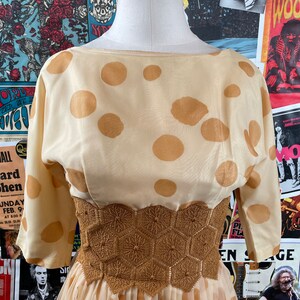 Vintage Women's 50s Nude Tan Polka Dot Print Boatneck Doily Lace Half Sleeve Fit and Flare Dress Size 2, Retro Cocktail Formal Prom Dress image 2