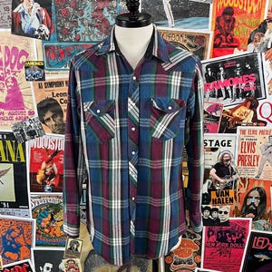 Vintage Mens 90s Blue Purple Plaid Wrangler Pearl Snap Western Rodeo Button Up X-Long Tails Cowboy Shirt Large All Cotton