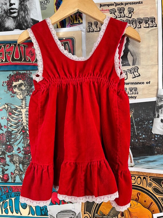 Vintage Toddler Girls Kids 70s Red Velour Corduro… - image 6